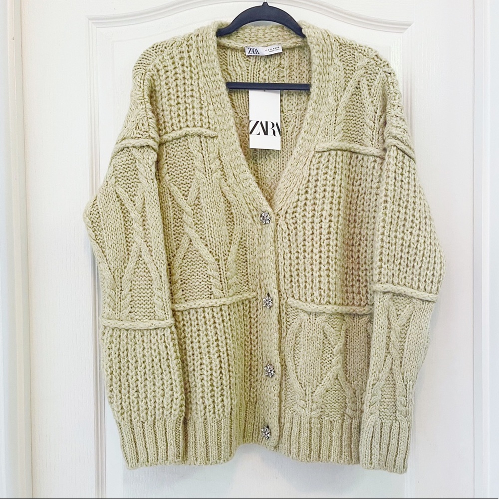 ZARA knit jewel button cozy cardigan sweater green